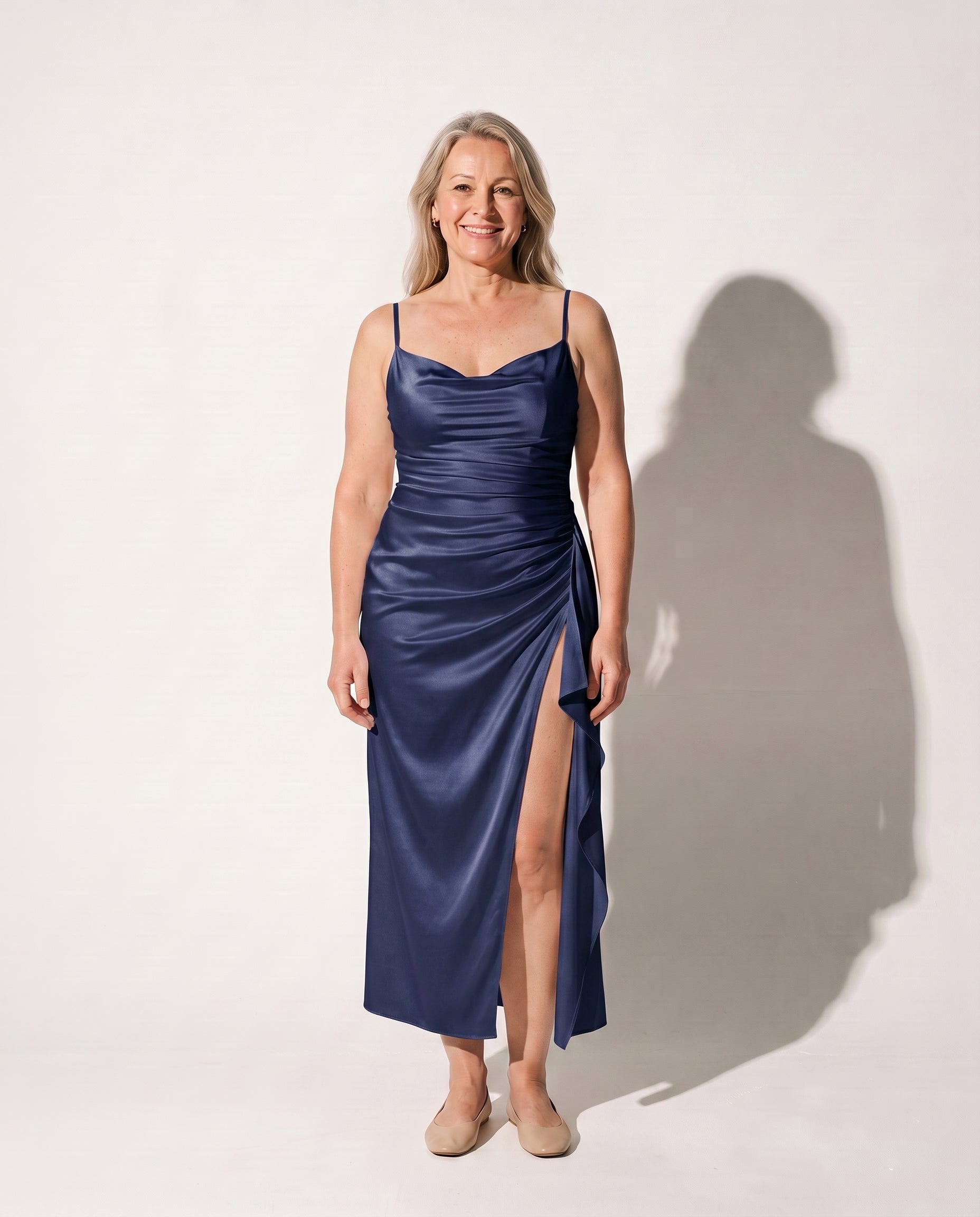Coralie | Plus Size Evening Dresses Draped Satin Split Maxi — Navy