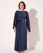 Ingrid | Women Wrap Sleeve Maxi Dress One Shoulder Occasion — Navy