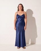Evangeline | Black Satin Open Back Evening Dress — Navy