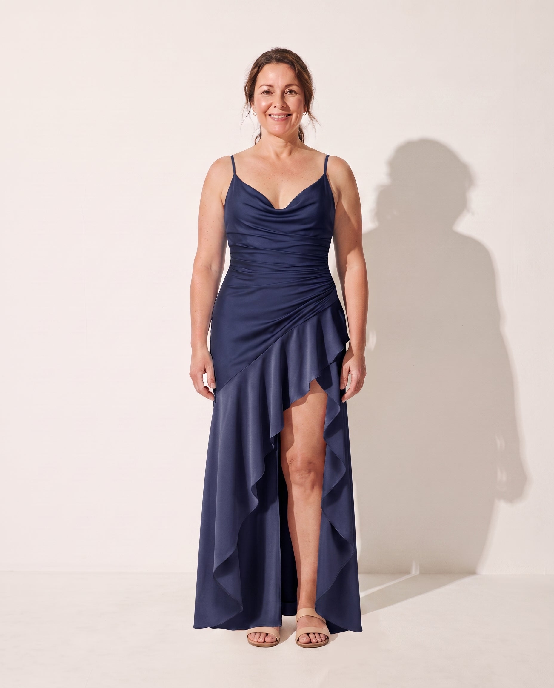 Rosalind | Long Sleeve Satin Maxi Dress Cowl Neck Evening Gown — Navy