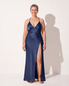 Francesca | Satin Dress High Split Maxi Evening Occasion Gown — Navy