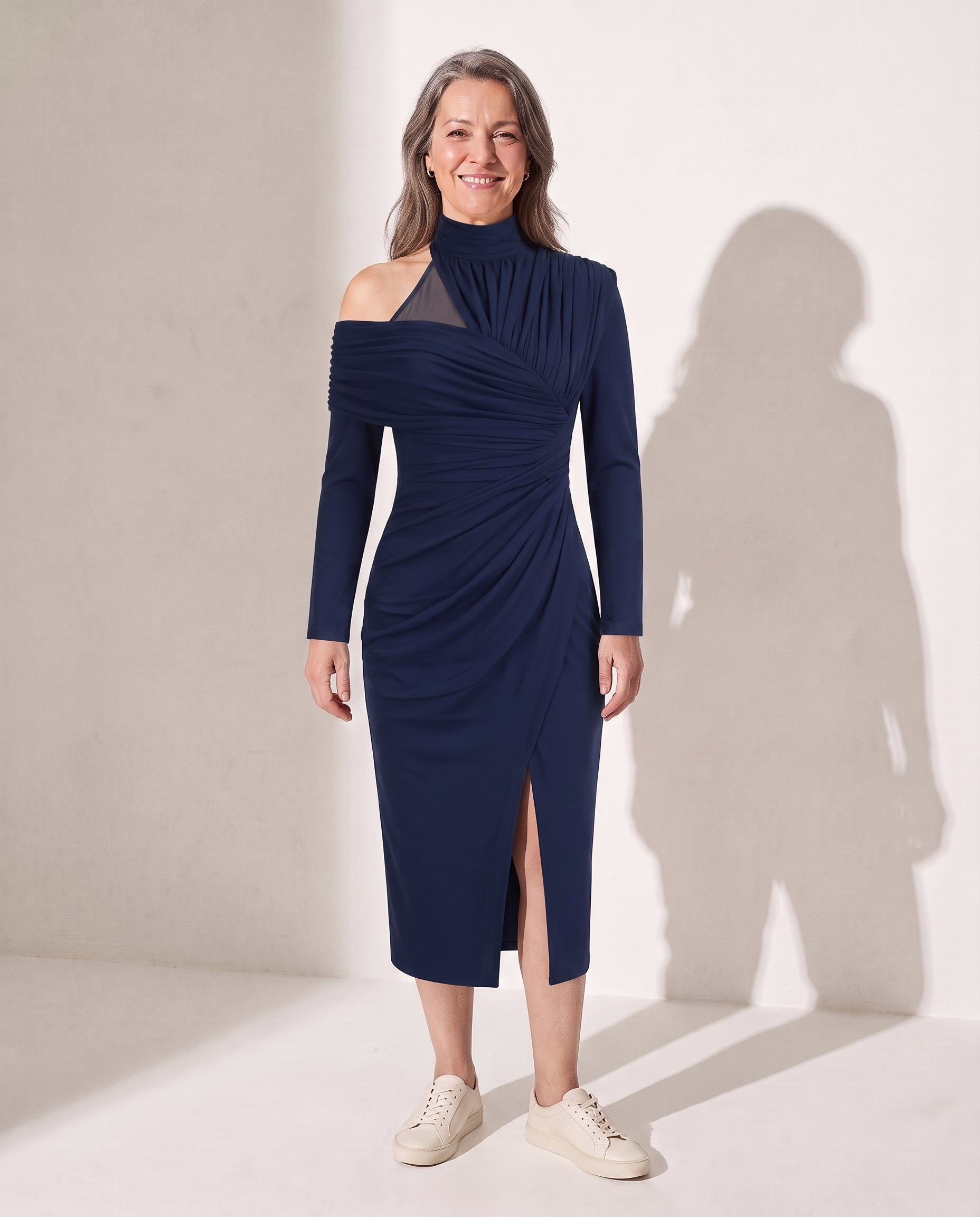 Edith | Ruched One Shoulder Midi Wedding Guest Dress — Navy Blue