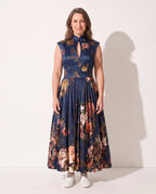 Clemence | Long Sleeve Floral Pleated Midi Wedding Guest Dresses — Navy Blue