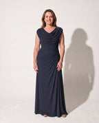 Georgiana | Long Sleeve Wedding Guest Dresses Cowl Neck Ruched Maxi — Navy Blue