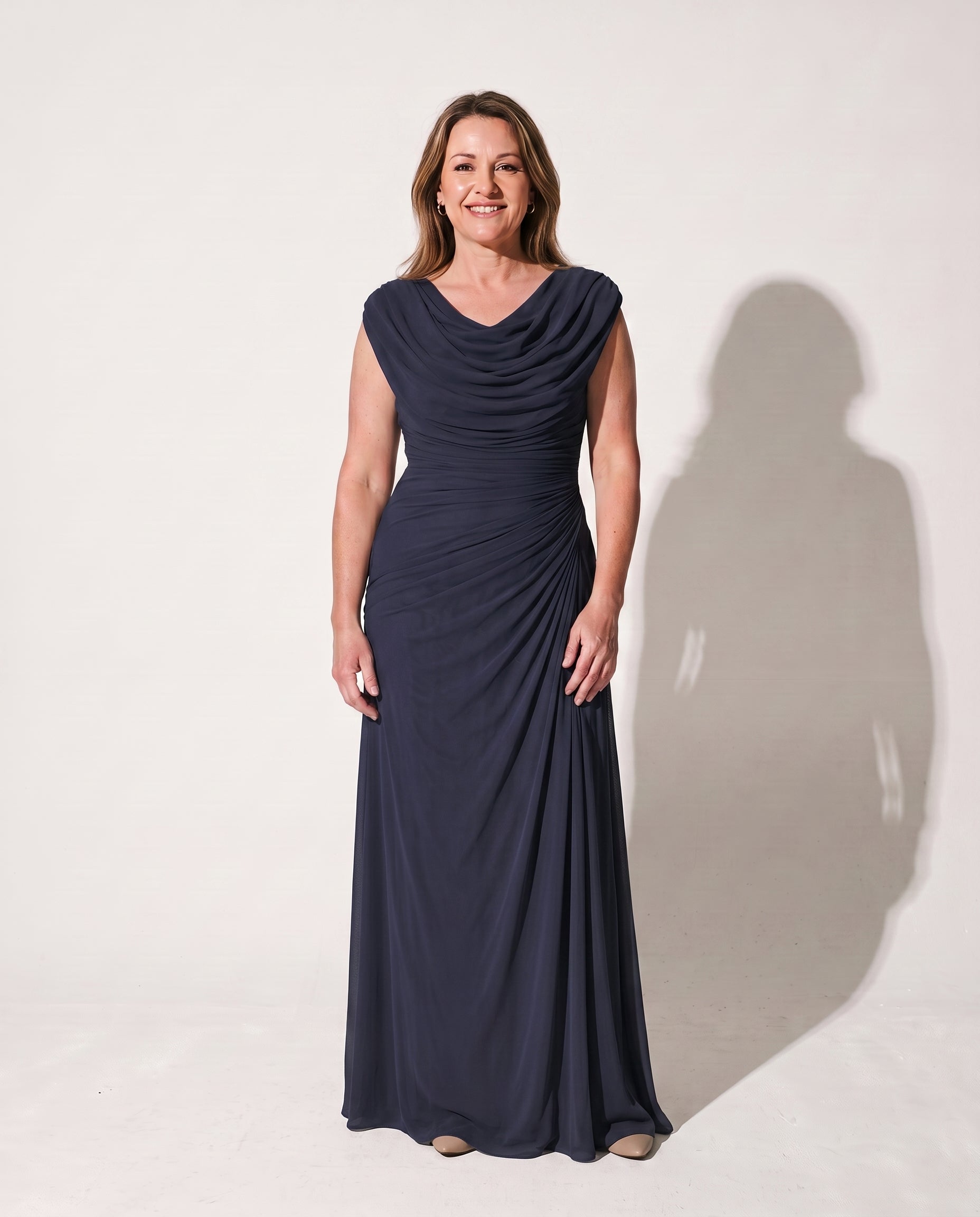 Georgiana | Long Sleeve Wedding Guest Dresses Cowl Neck Ruched Maxi — Navy Blue