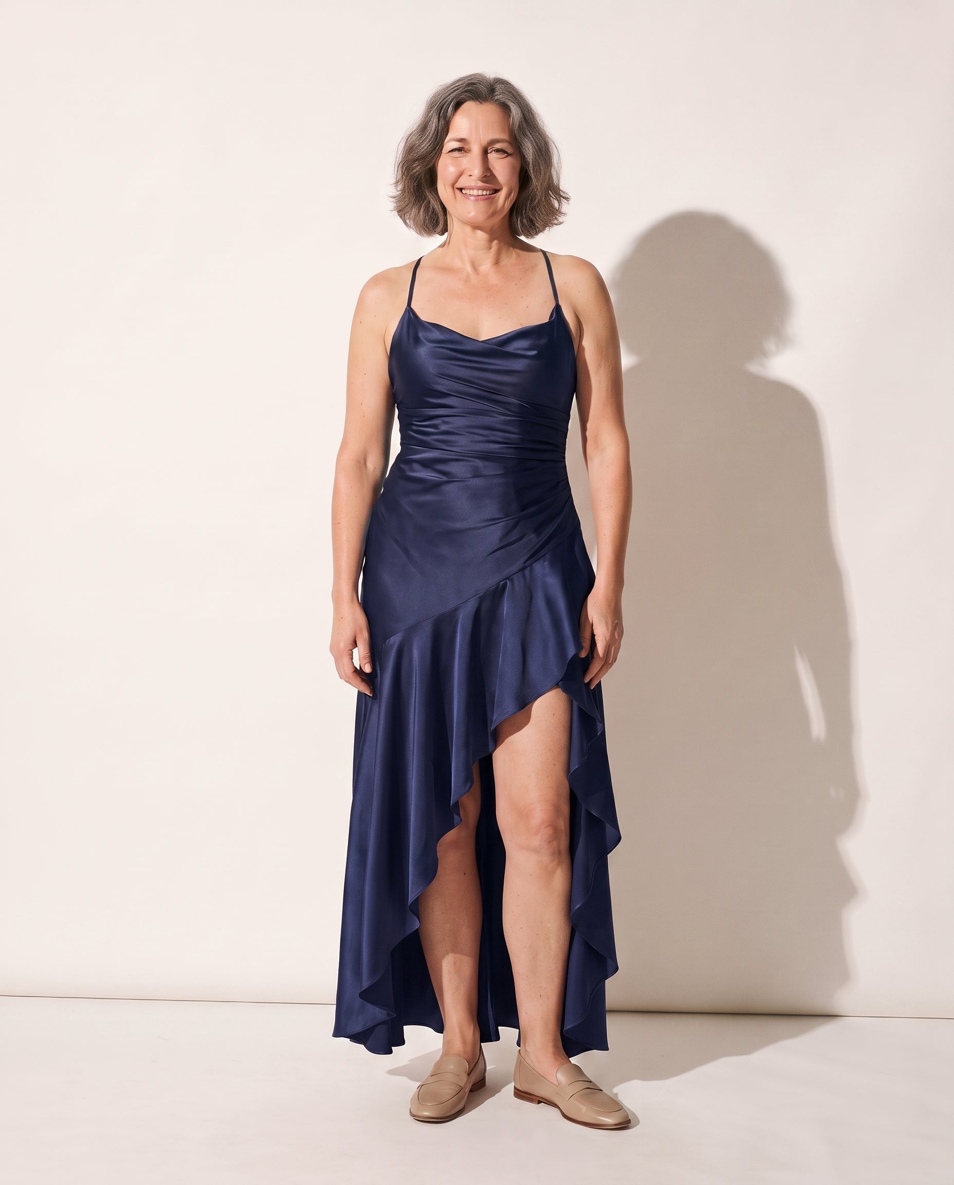 Henriette | Women Cowl Neck Satin Slip Maxi Dress — Navy Blue
