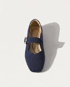 Sidonie | Womens Square Toe Knit Mary Jane Buckle Boots — Navy Blue