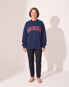 Vivienne | Women Varsity Jacket Oversized Fleece Hoodie — Navy with Red Letters