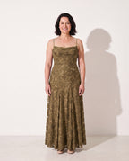 Helena | Wrap Lace Maxi Dress for Weddings and Garden Parties — Olive