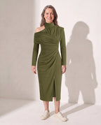 Edith | Ruched One Shoulder Midi Wedding Guest Dress — Olive Green