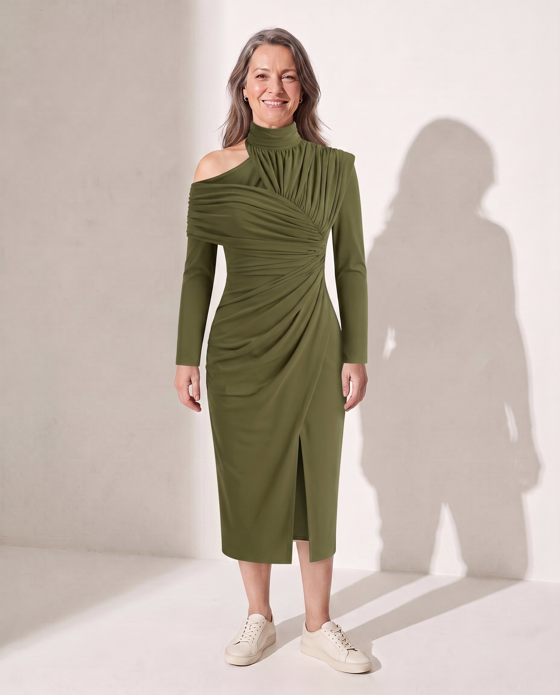 Edith | Ruched One Shoulder Midi Wedding Guest Dress — Olive Green