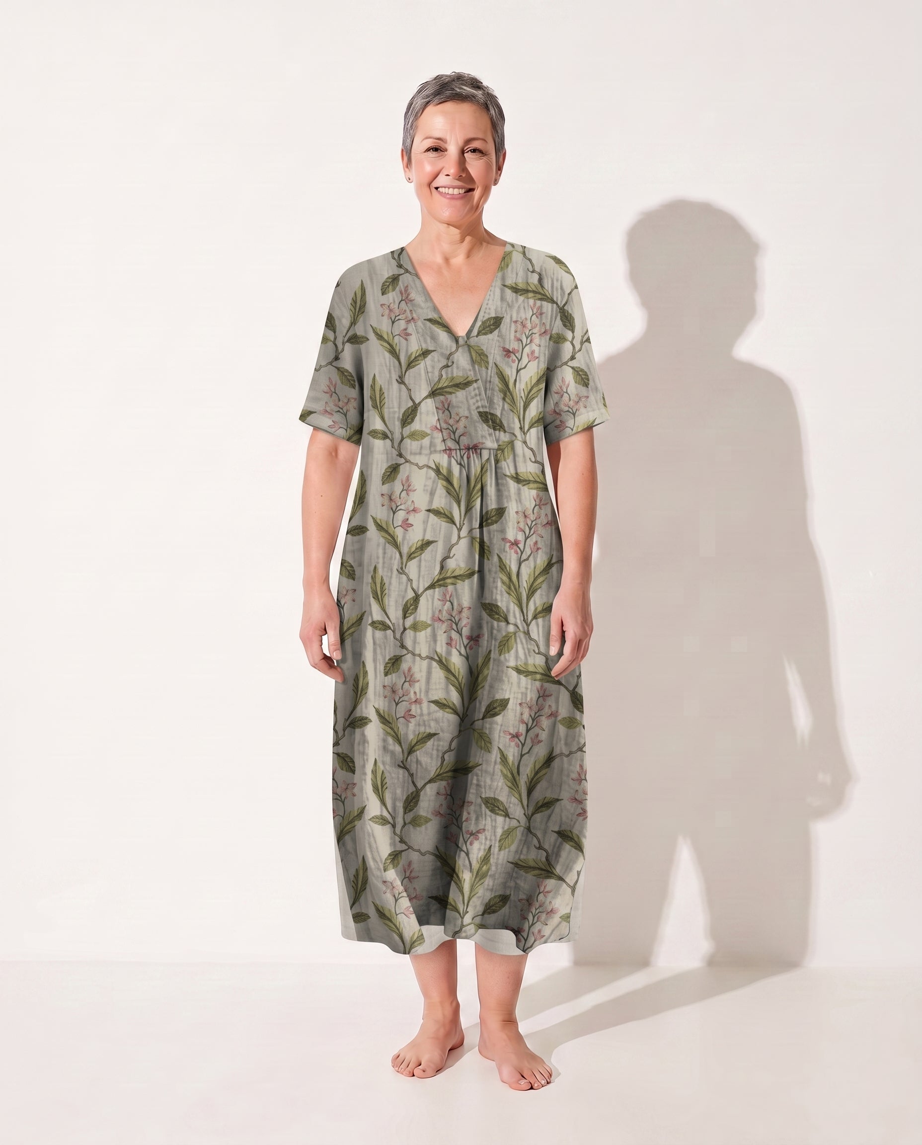 Theodora | Floral Long Sleeve Midi Dress for Garden Parties — Olive Green