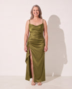Honorine | Black Ruched Satin Bodycon Maxi Dress — Olive Green