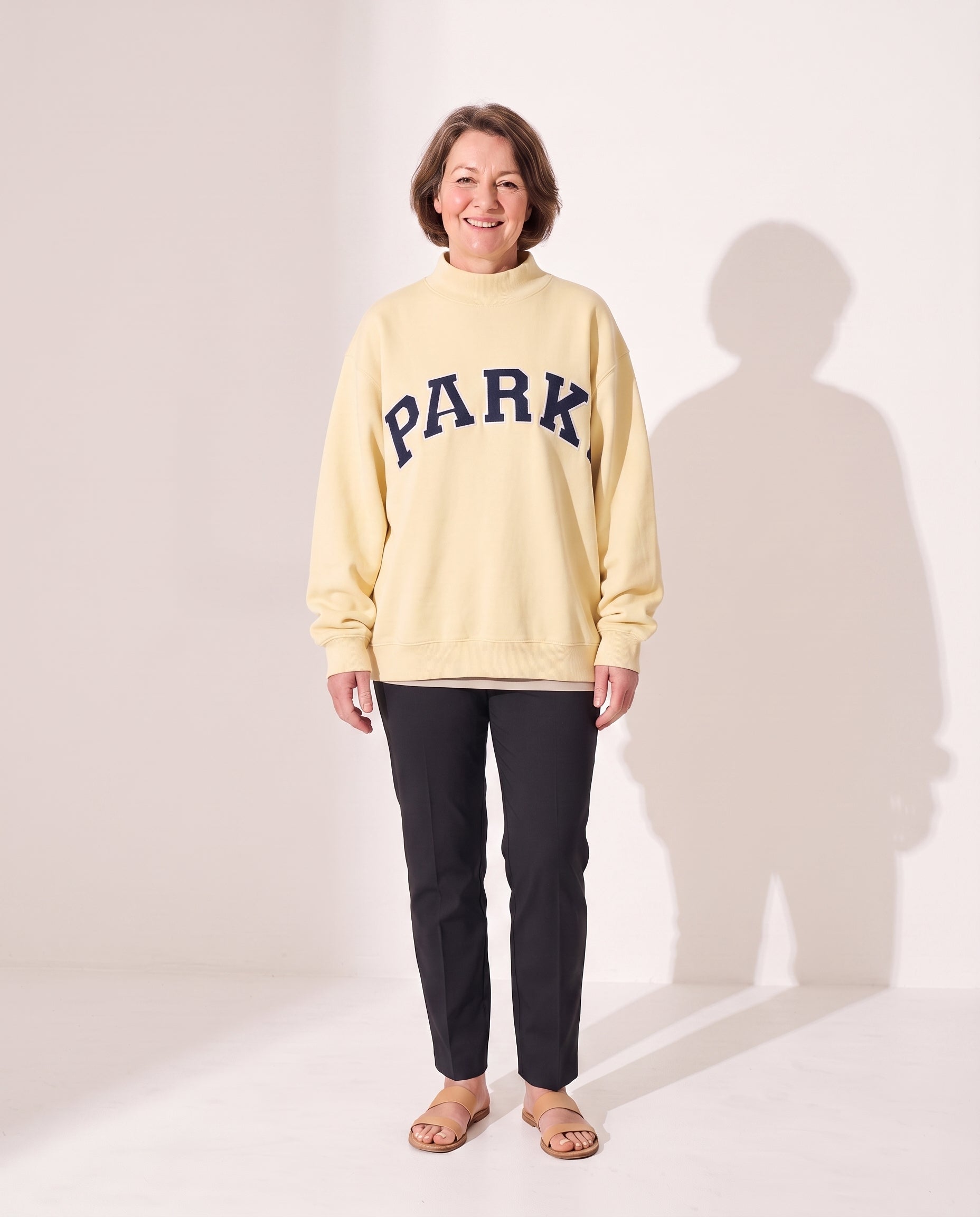 Vivienne | Women Varsity Jacket Oversized Fleece Hoodie — Pastel Yellow with Navy Letters
