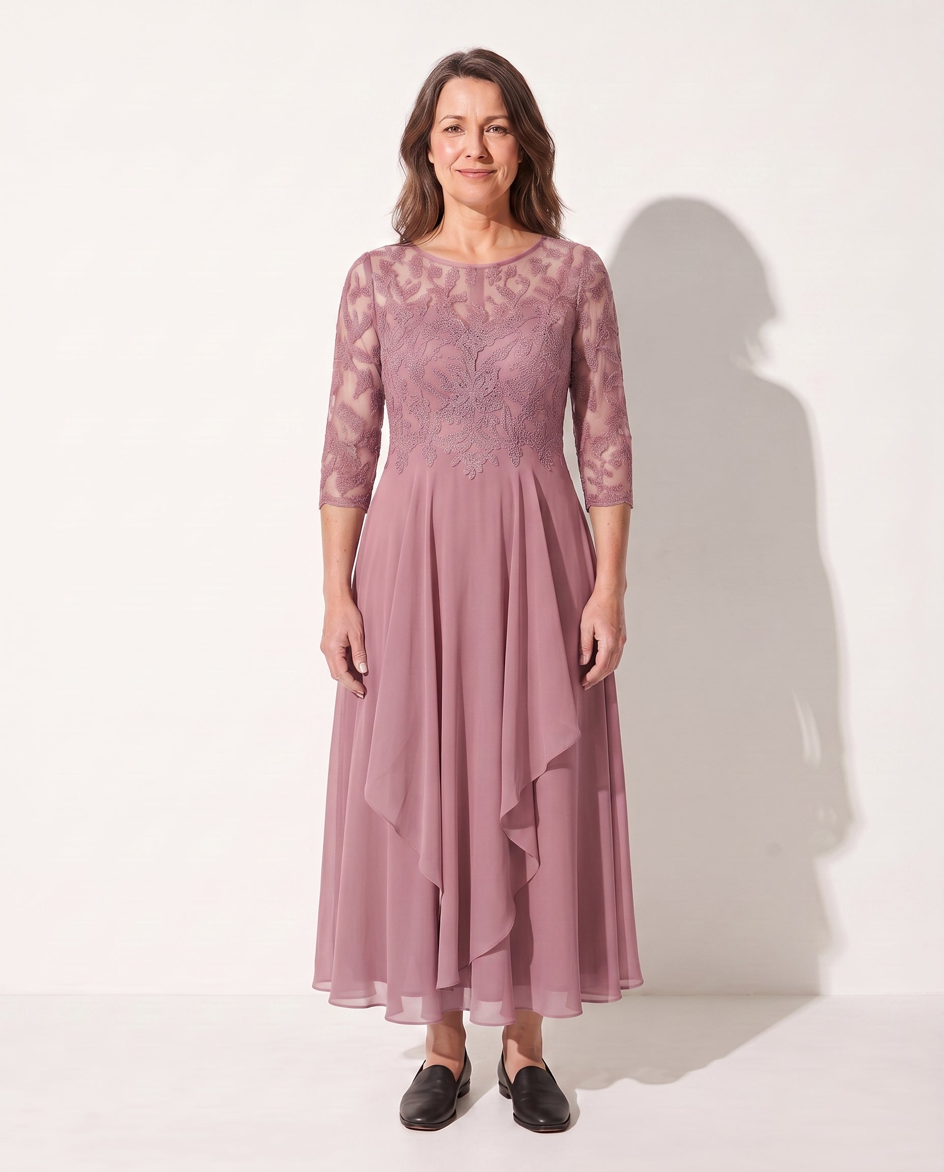Eloise | Embroidered Lace Midi Wedding Guest Dress — Pink