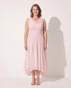 Fleur | Long Sleeve Draped Neck Pleated Midi Dress — Pink