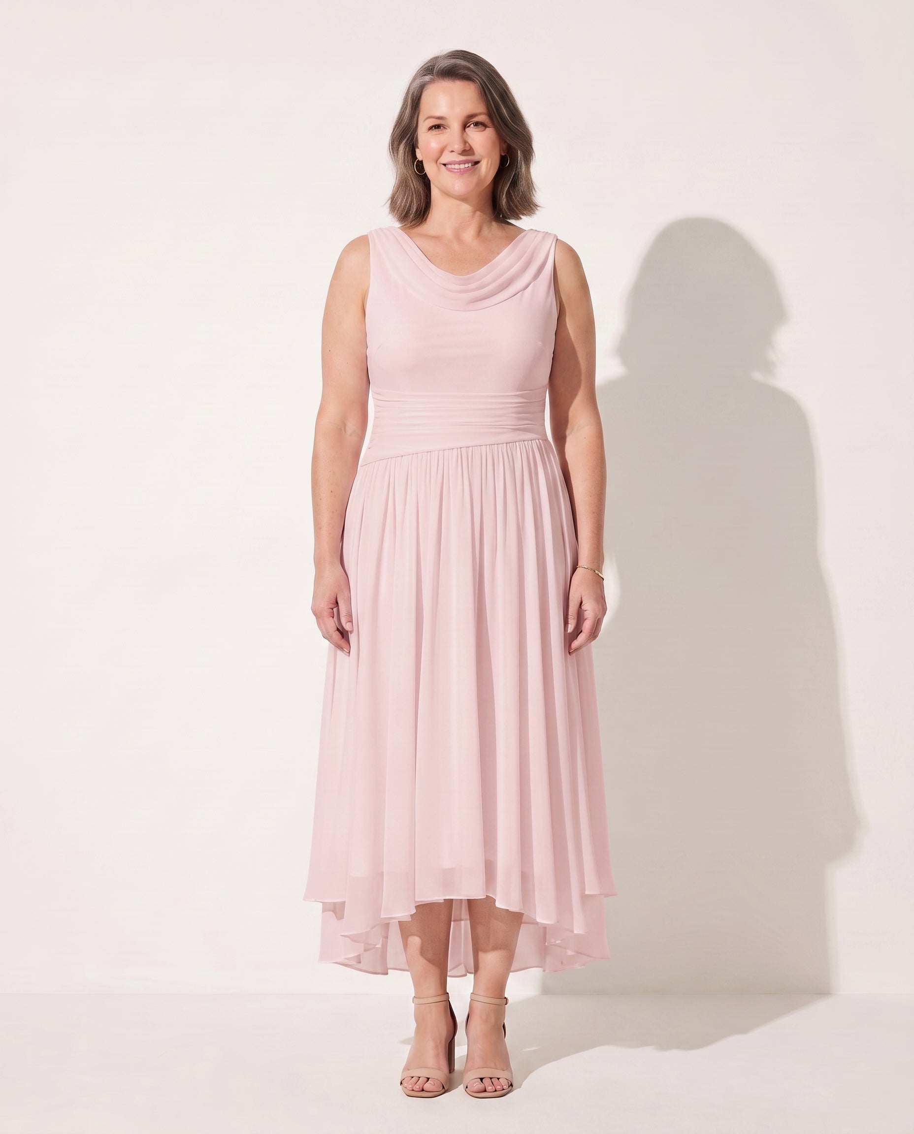 Fleur | Long Sleeve Draped Neck Pleated Midi Dress — Pink