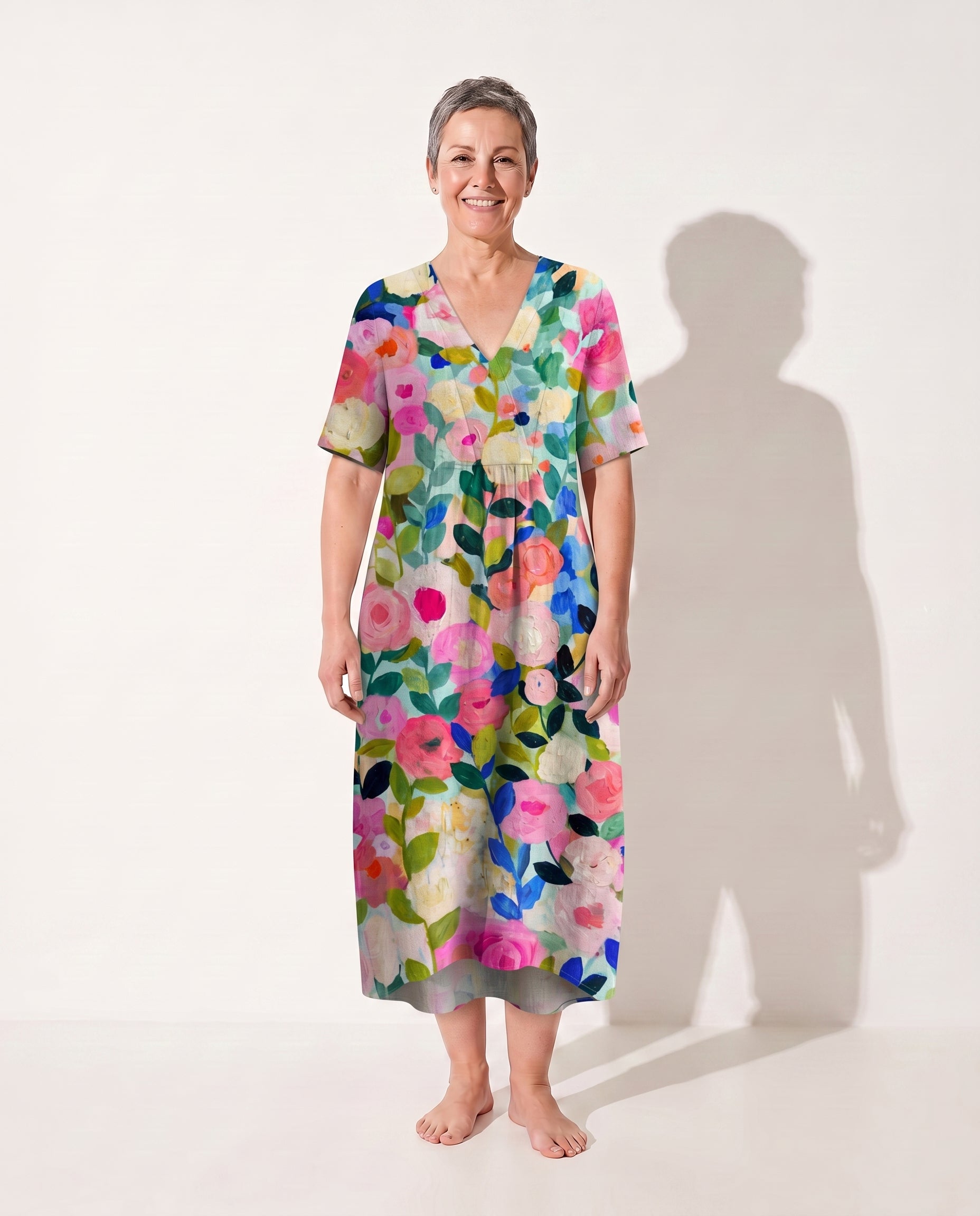 Theodora | Floral Long Sleeve Midi Dress for Garden Parties — Pink