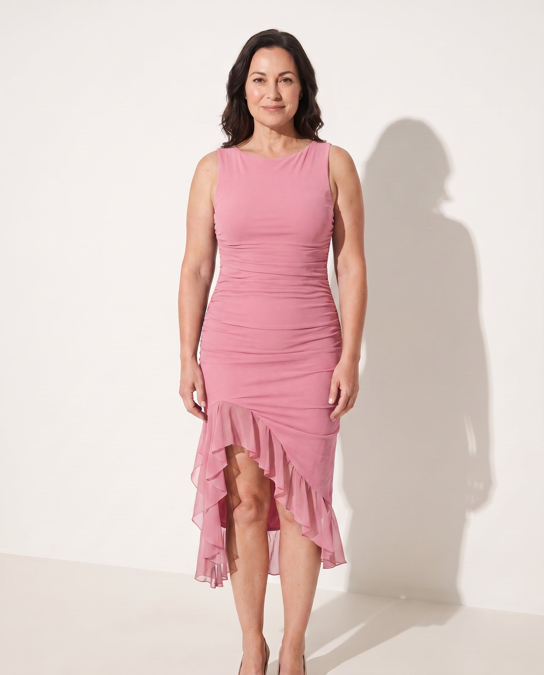 Romilly | Women Ruched Sleeveless Midi Autumn Wedding Guest Dresses — Pink