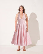 Celeste | Floral Print Halter Neck Midi Dress with Tulle Skirt — Pink