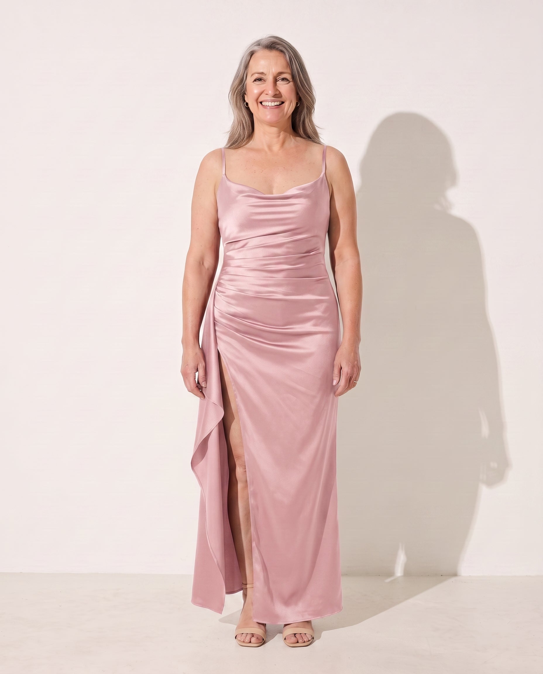 Honorine | Black Ruched Satin Bodycon Maxi Dress — Pink