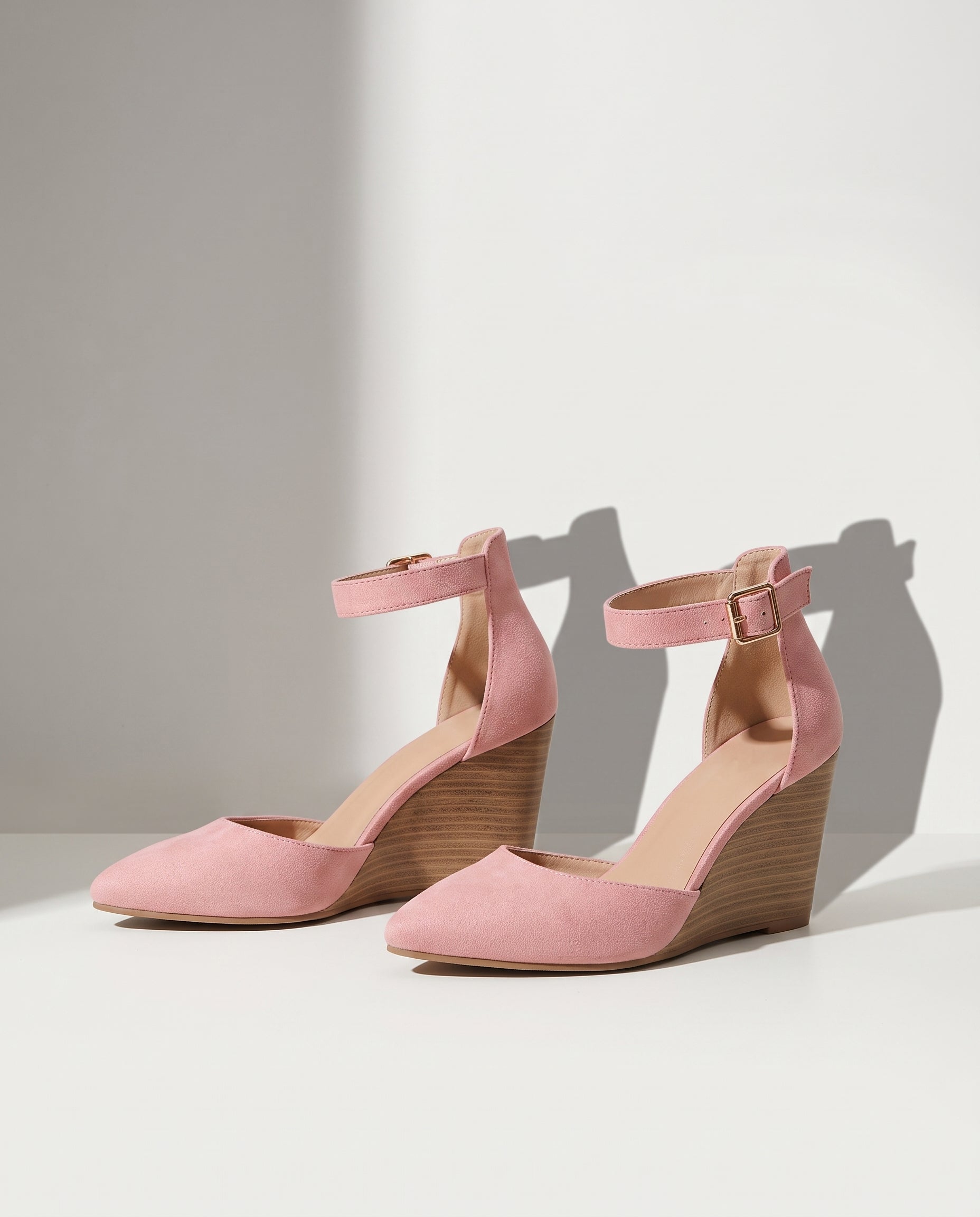 Noemie | Closed Toe Ankle Strap Wedge Heels for Evening Wear — Pink