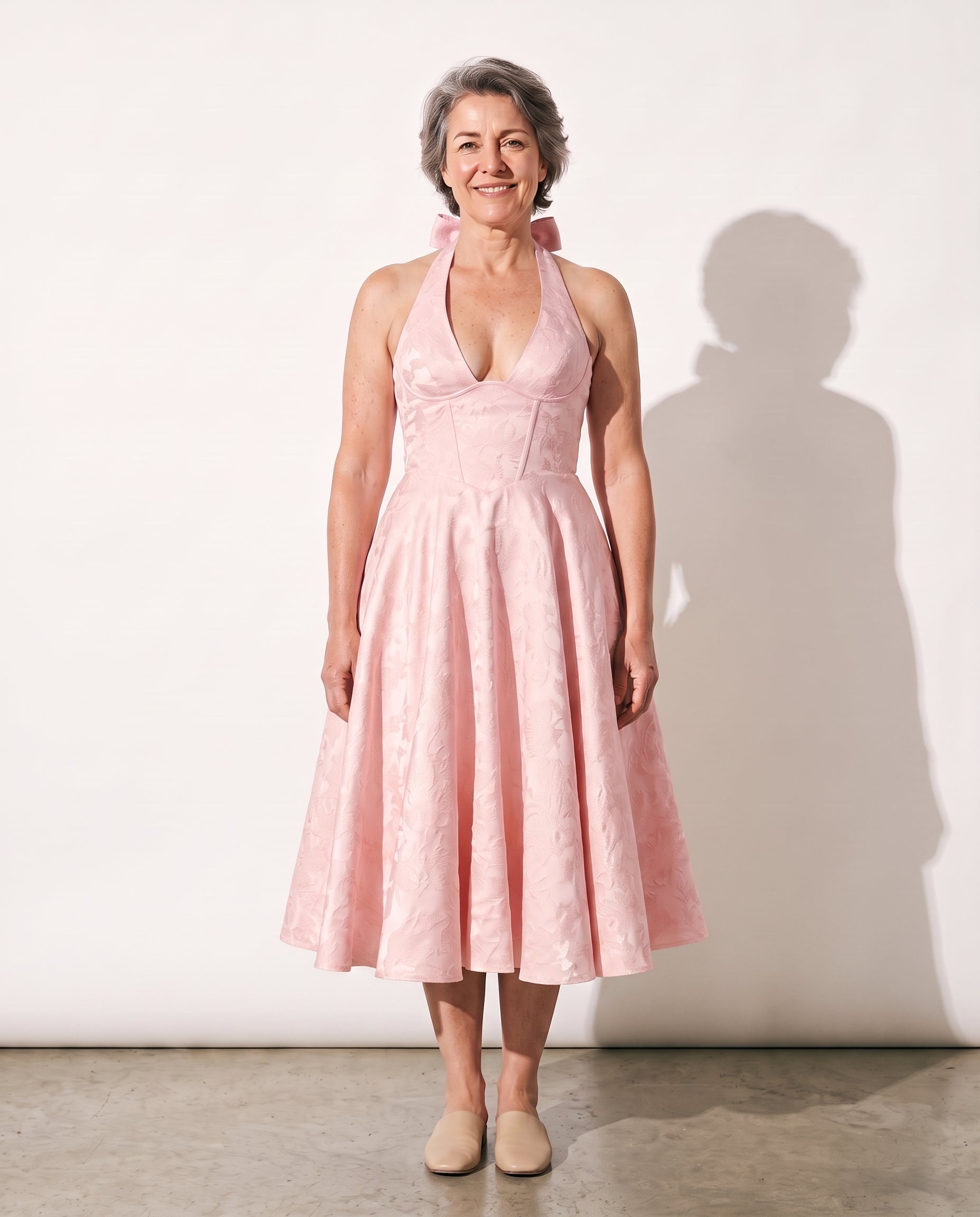 Arabella | Velvet Plunge Halter Midi Dress — Pink