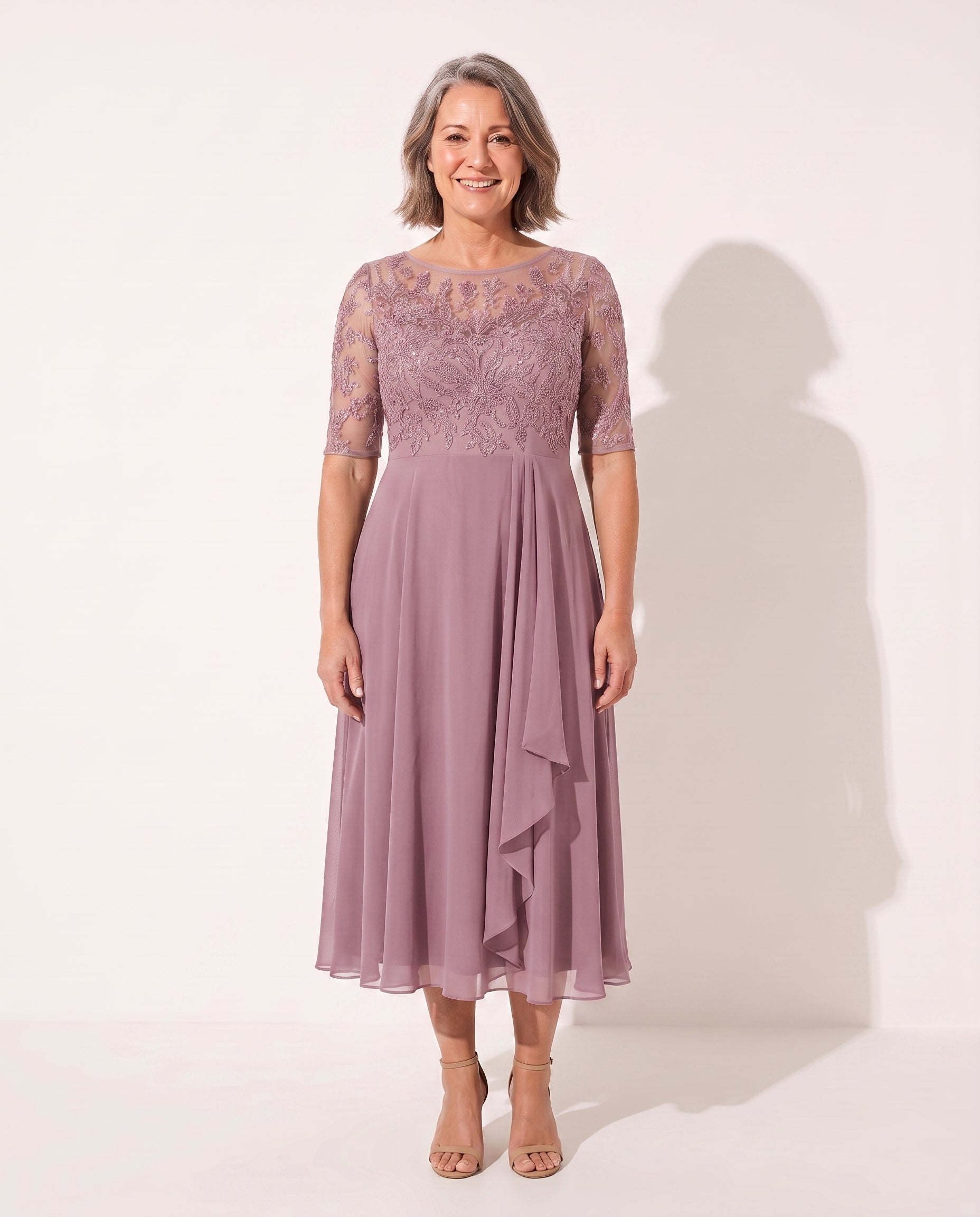 Sidonie | Embroidered Lace Midi Wedding Guest Dress — Pink