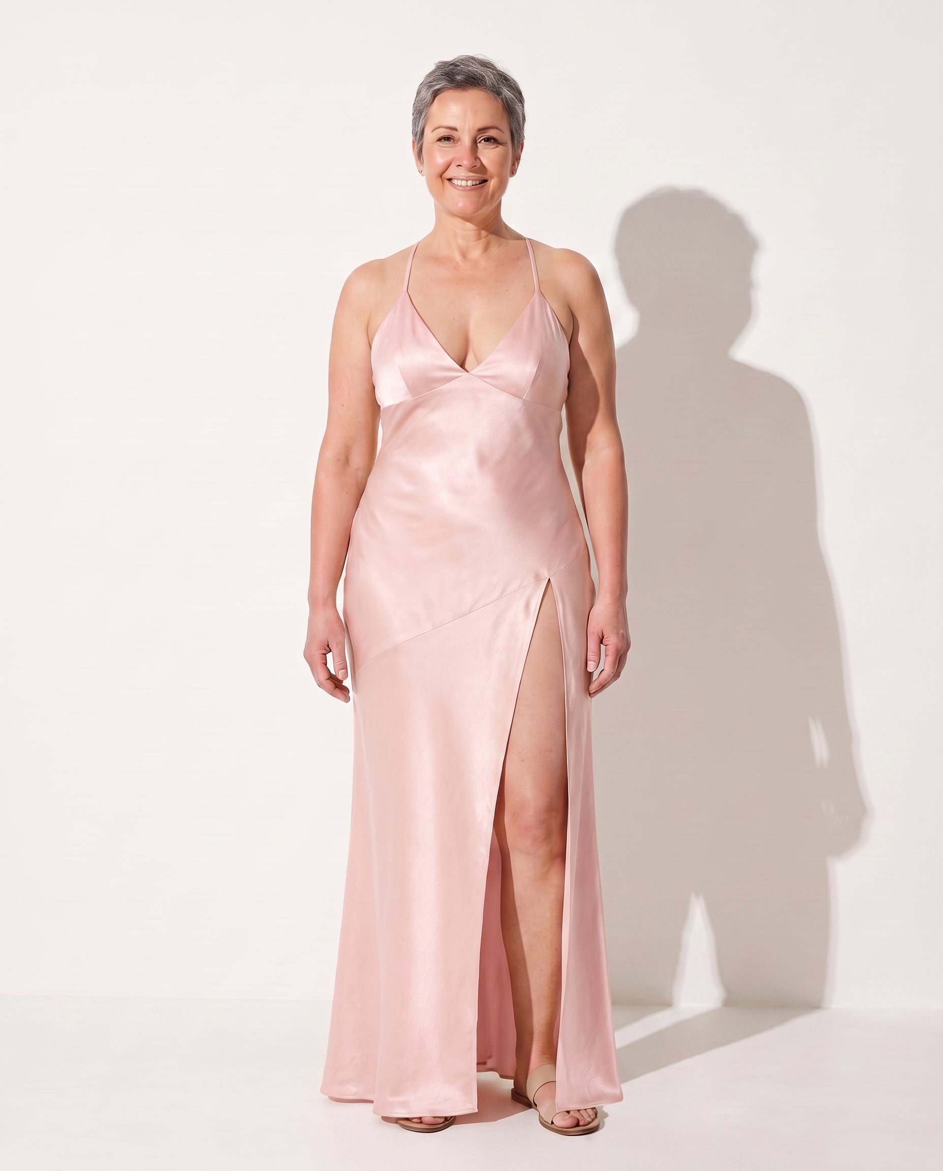 Francesca | Satin Dress High Split Maxi Evening Occasion Gown — Pink