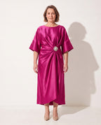 Quintessa | Satin Brooch Midi Dress Kimono Sleeve — Pink
