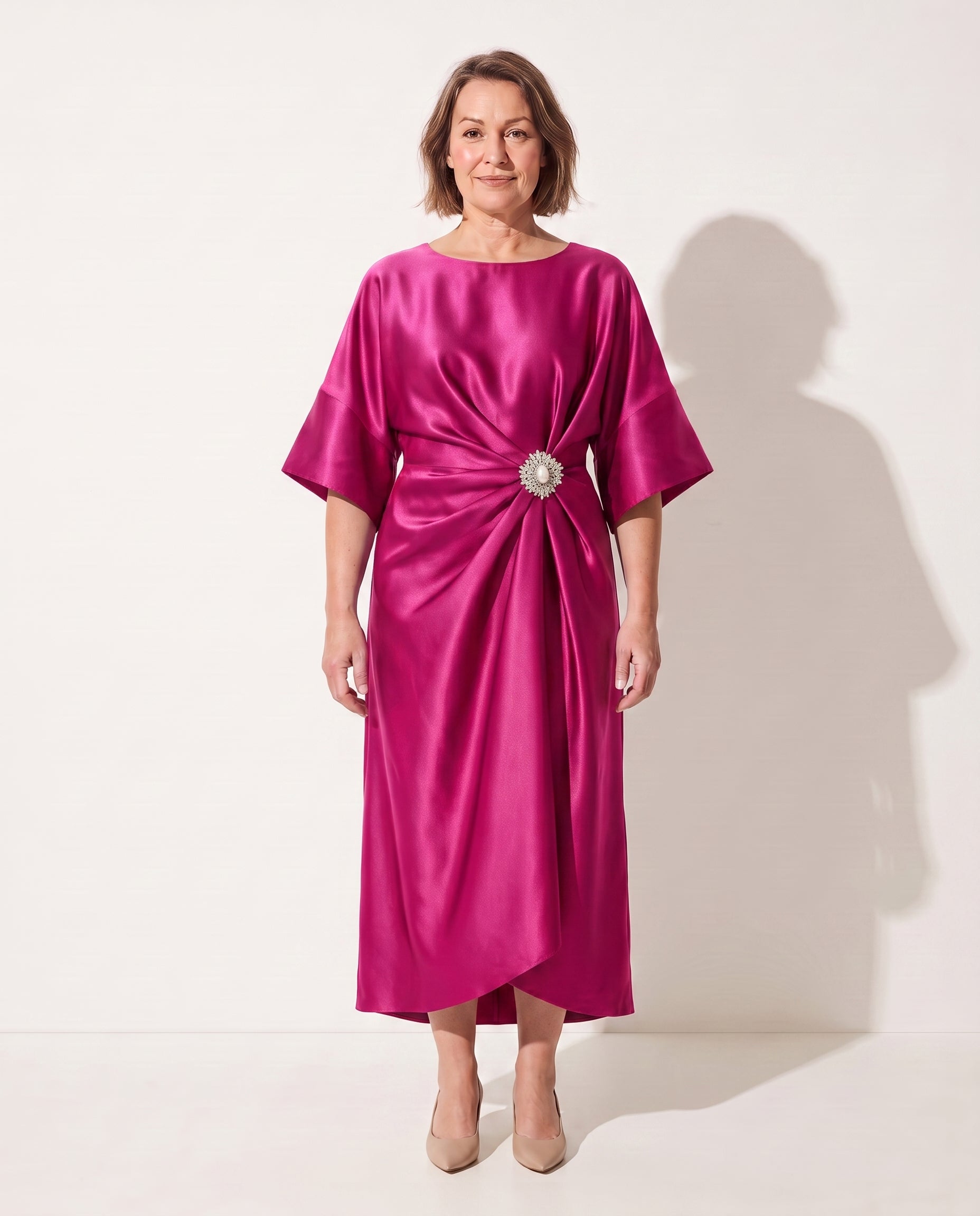 Quintessa | Satin Brooch Midi Dress Kimono Sleeve — Pink