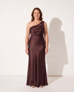 Lucienne | Long Sleeve Satin Dress One Shoulder Corset Maxi — Plum Brown