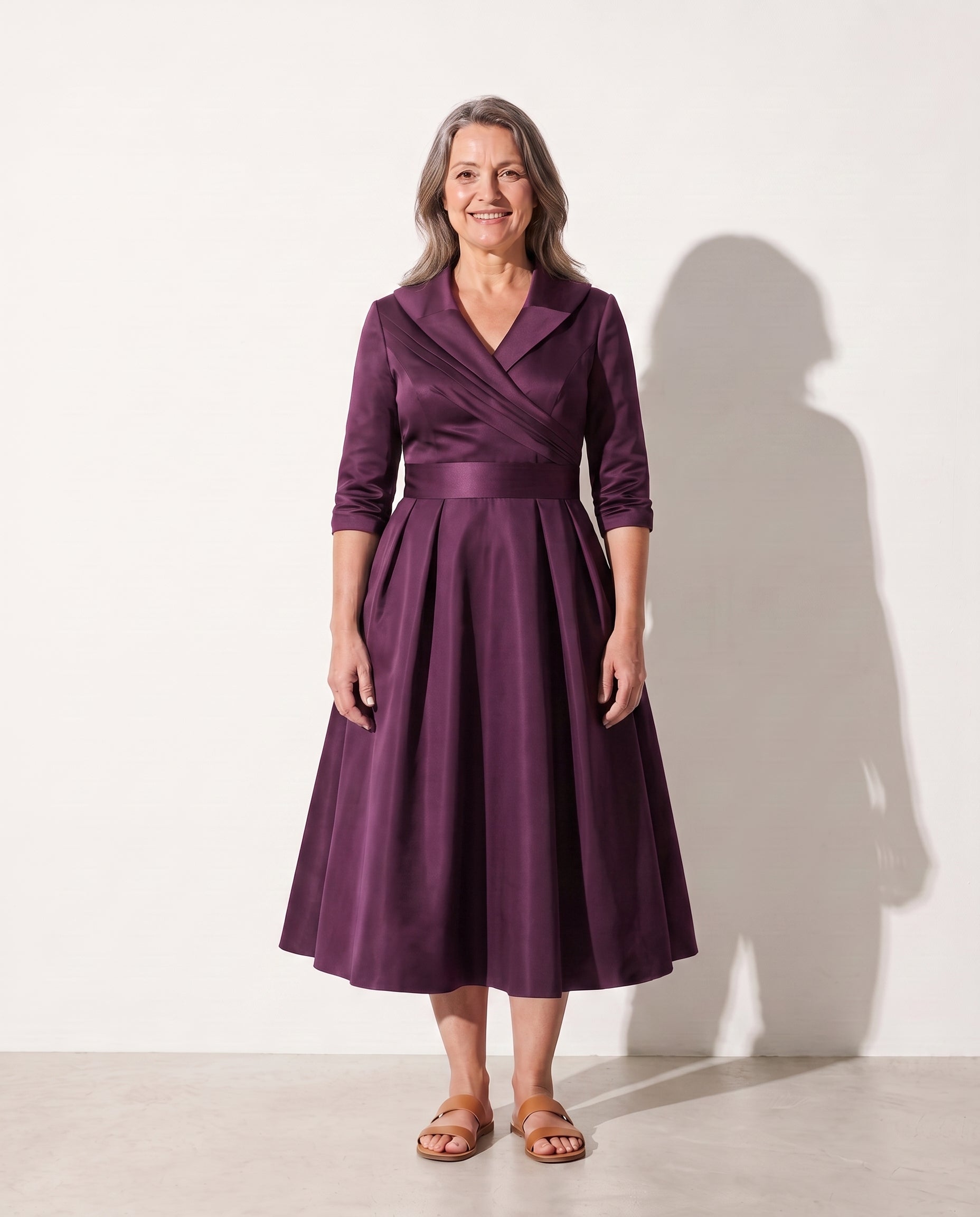 Bridget | Women's Formal Midi Dress with Structured Bodice — Purple
