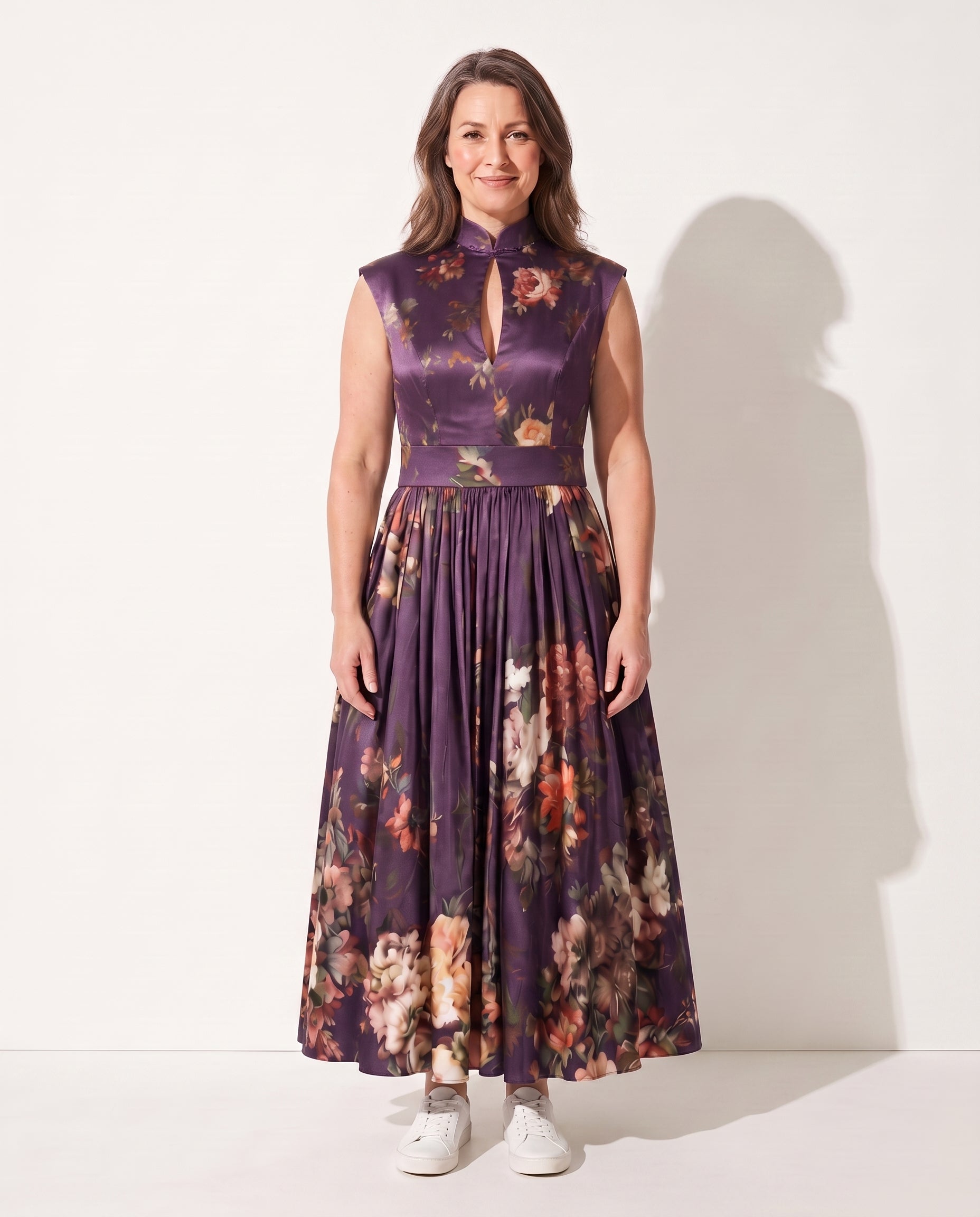 Clemence | Long Sleeve Floral Pleated Midi Wedding Guest Dresses — Purple