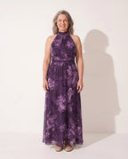 Sylvie | Autumn Wedding Guest Dresses Halter Neck Maxi Floral — Purple