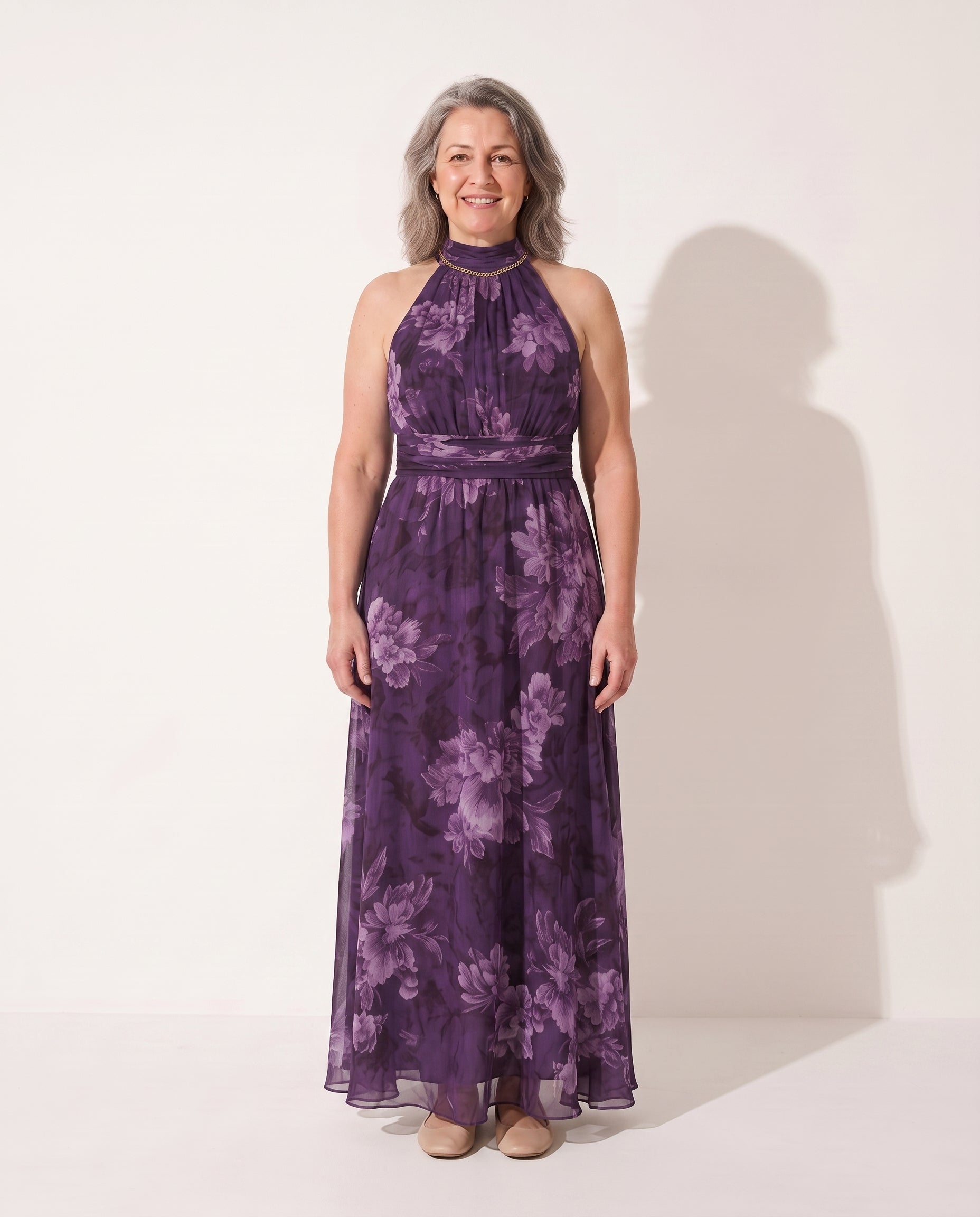 Sylvie | Autumn Wedding Guest Dresses Halter Neck Maxi Floral — Purple