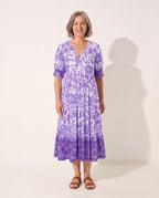 Ophelia | Long Sleeve Floral Midi Dress Wedding Guest — Purple