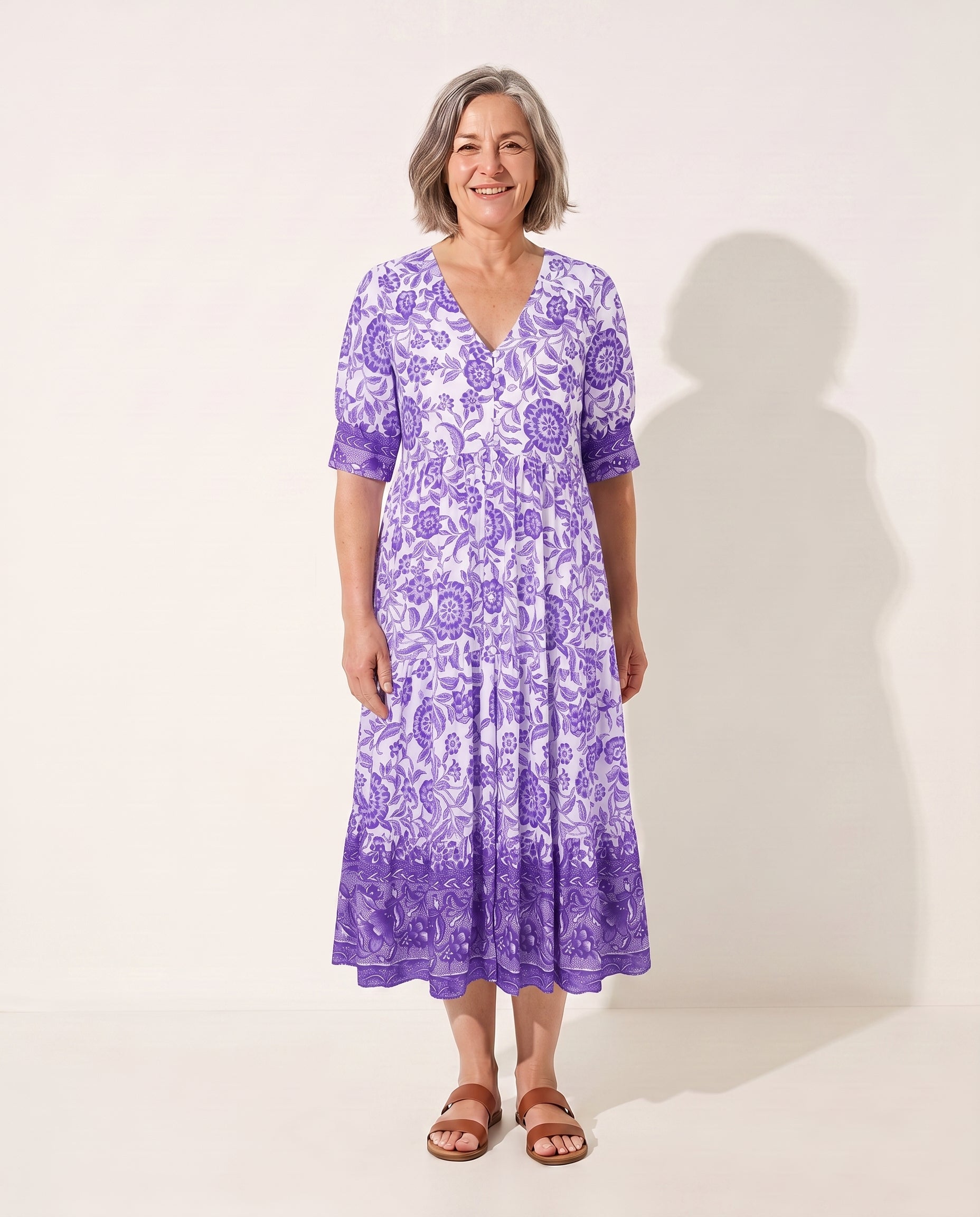 Ophelia | Long Sleeve Floral Midi Dress Wedding Guest — Purple