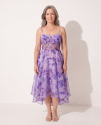 Yolanda | Long Sleeve Midi Dress In Romantic Print — Purple