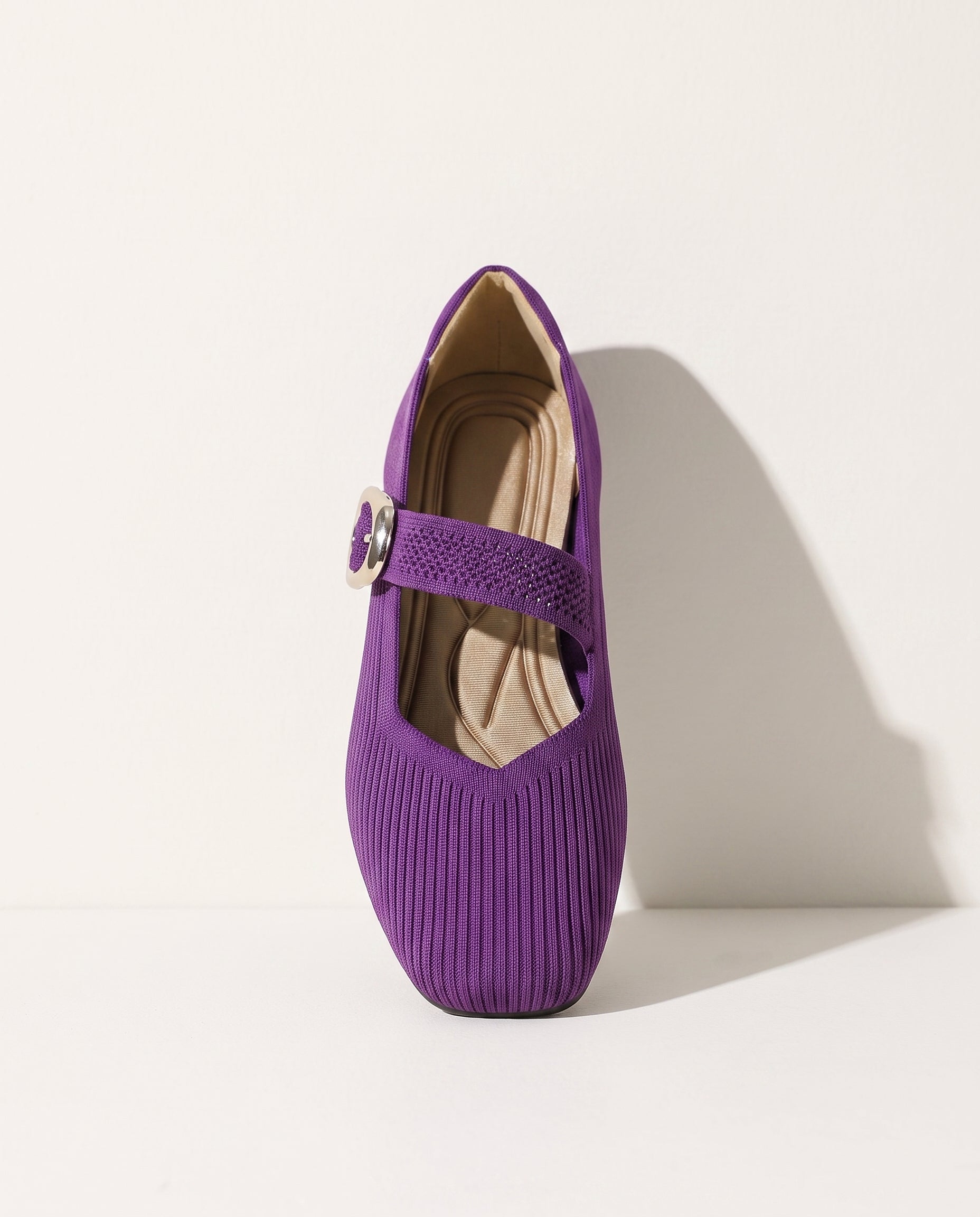 Sidonie | Womens Square Toe Knit Mary Jane Buckle Boots — Purple