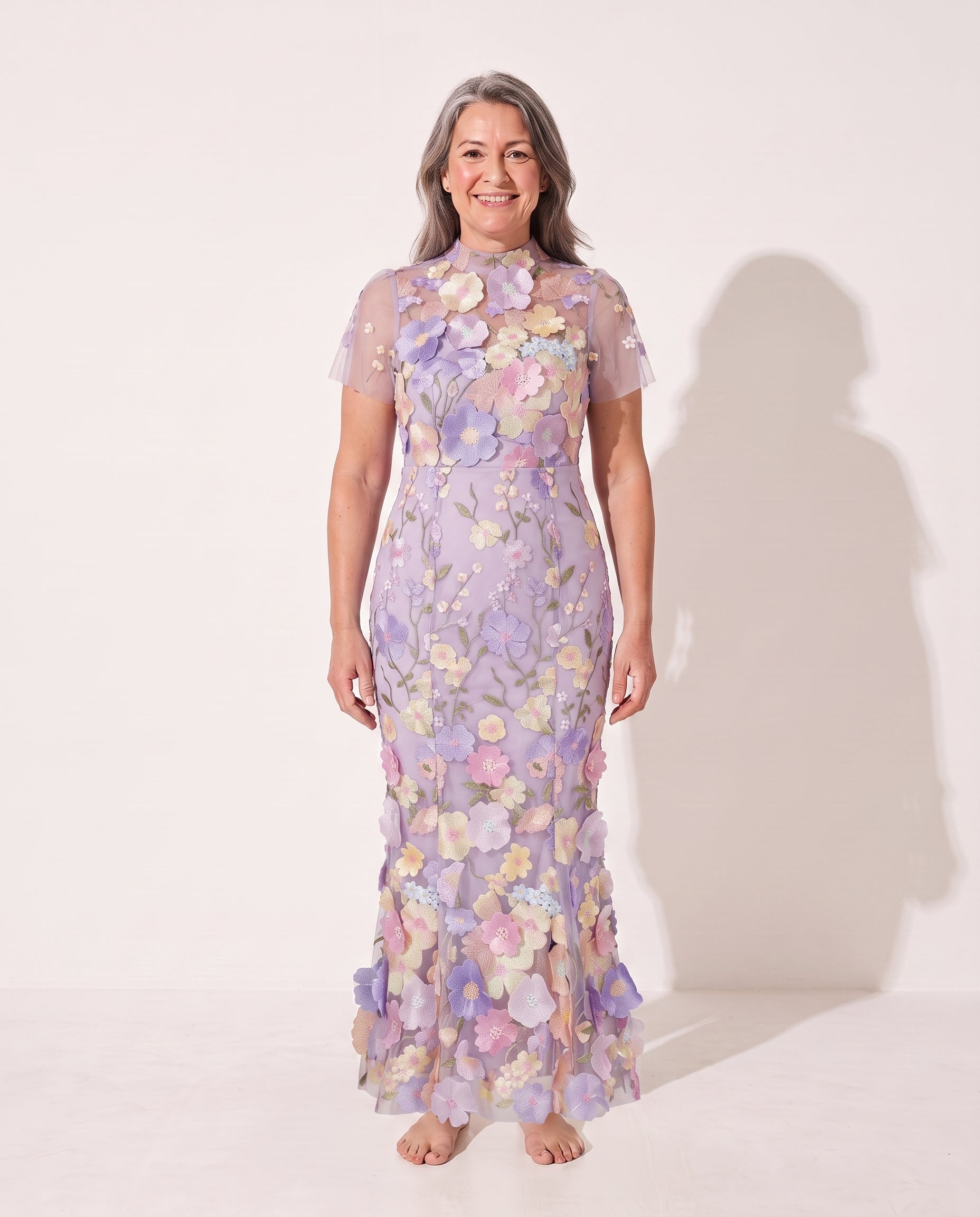 Agathe | Floral Appliqué Autumn Wedding Guest Dresses Midi — Purple