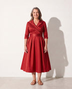 Bridget | Women's Formal Midi Dress with Structured Bodice — Red