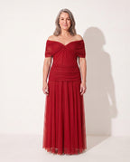 Apolline | Bebe Off Shoulder Ruched Evening Dresses — Red