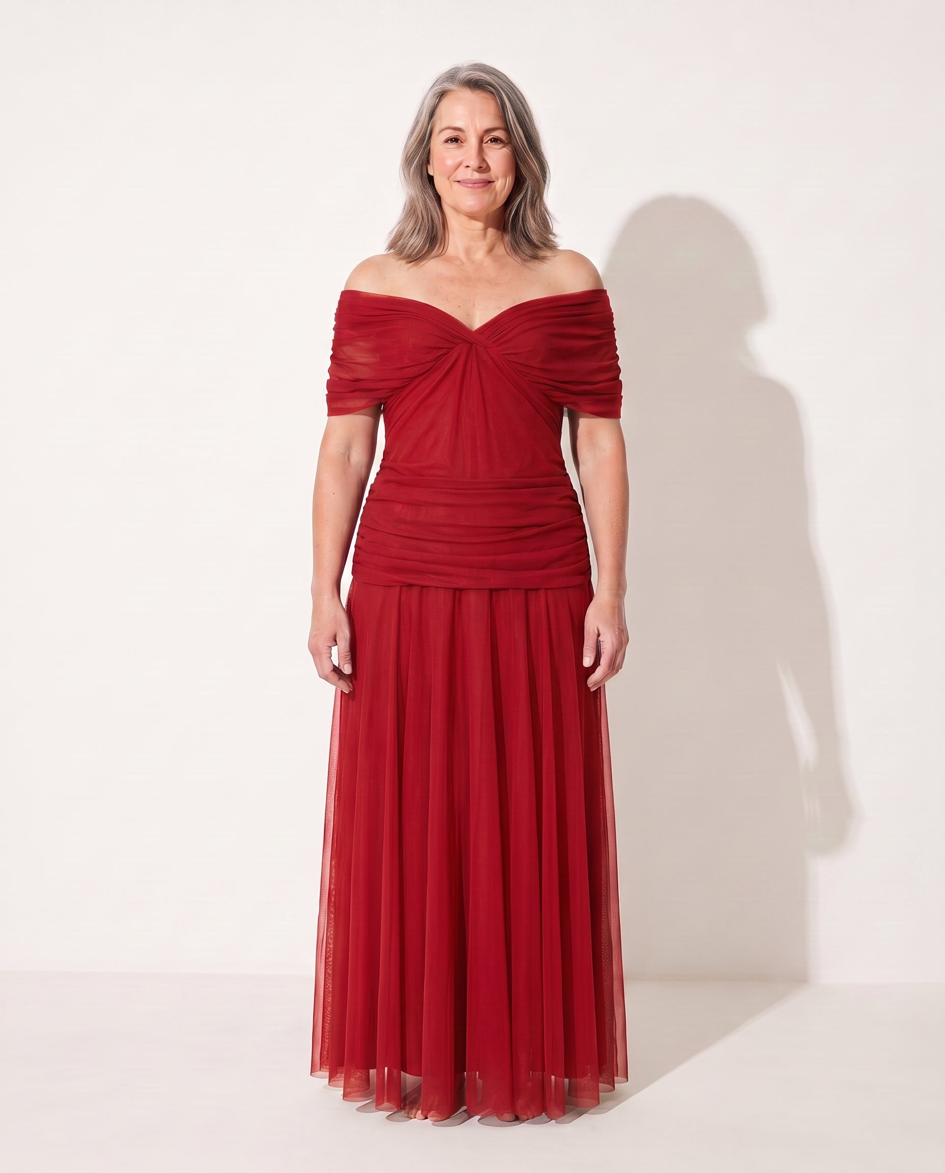 Apolline | Bebe Off Shoulder Ruched Evening Dresses — Red