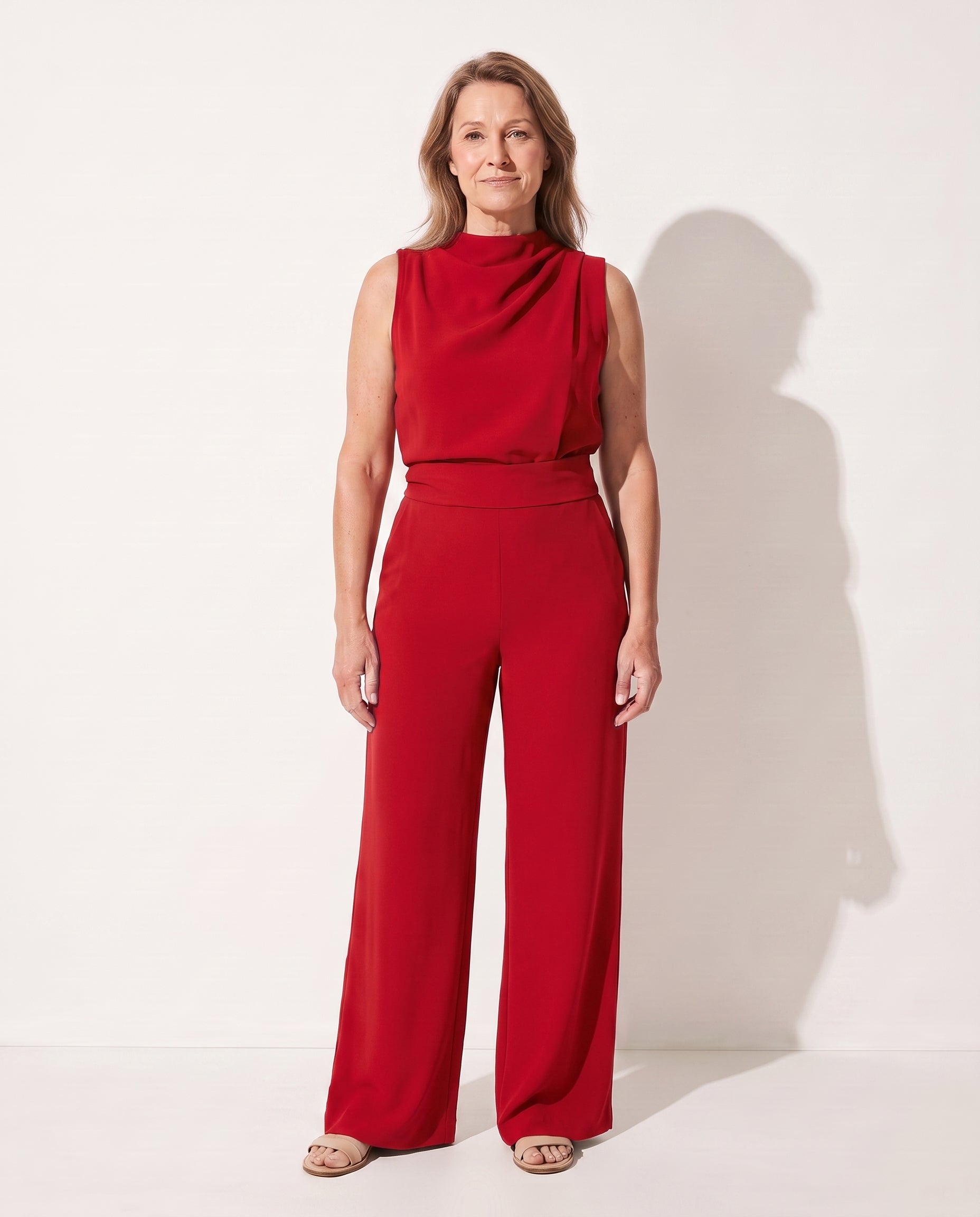 Sylvie | Long Sleeve Formal Jumpsuit Wide Leg High Neck — Red