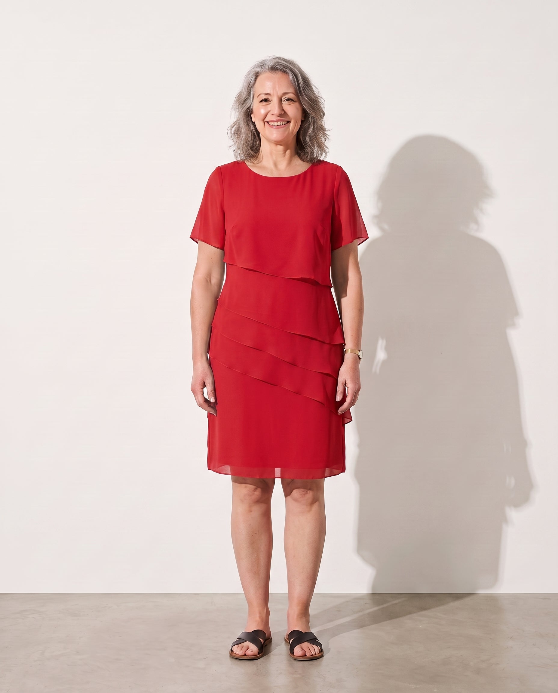 Hermione | Long Sleeve Tiered Chiffon Midi Dress For Occasions — Red