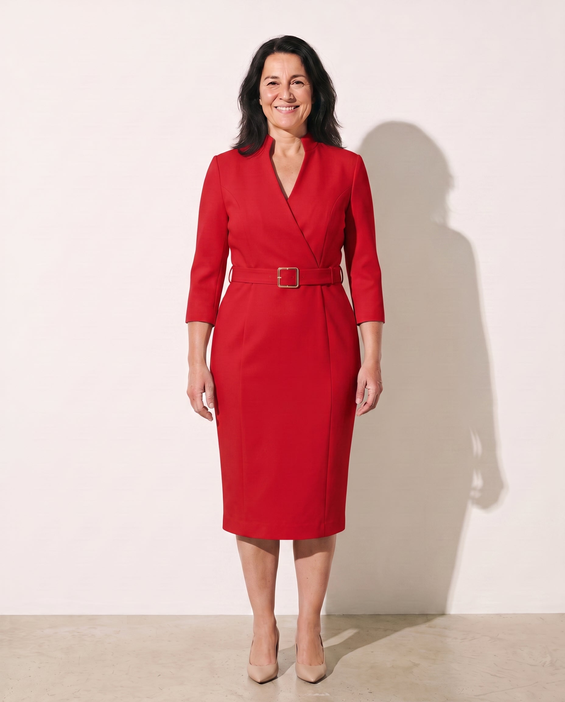 Philippa | Long Sleeve V-Neck Belted Midi Dress Workwear — Red