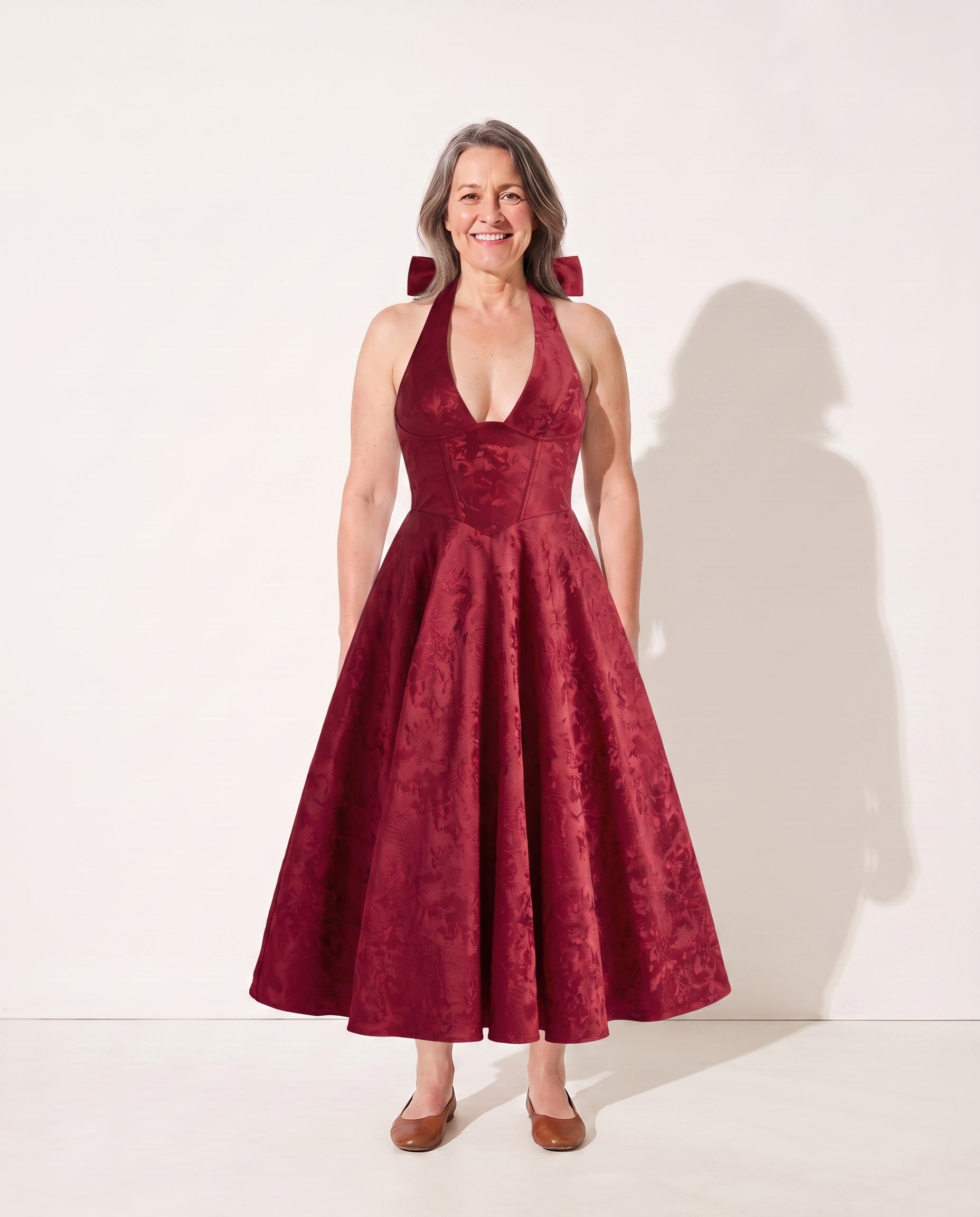 Celeste | Floral Print Halter Neck Midi Dress with Tulle Skirt — Red