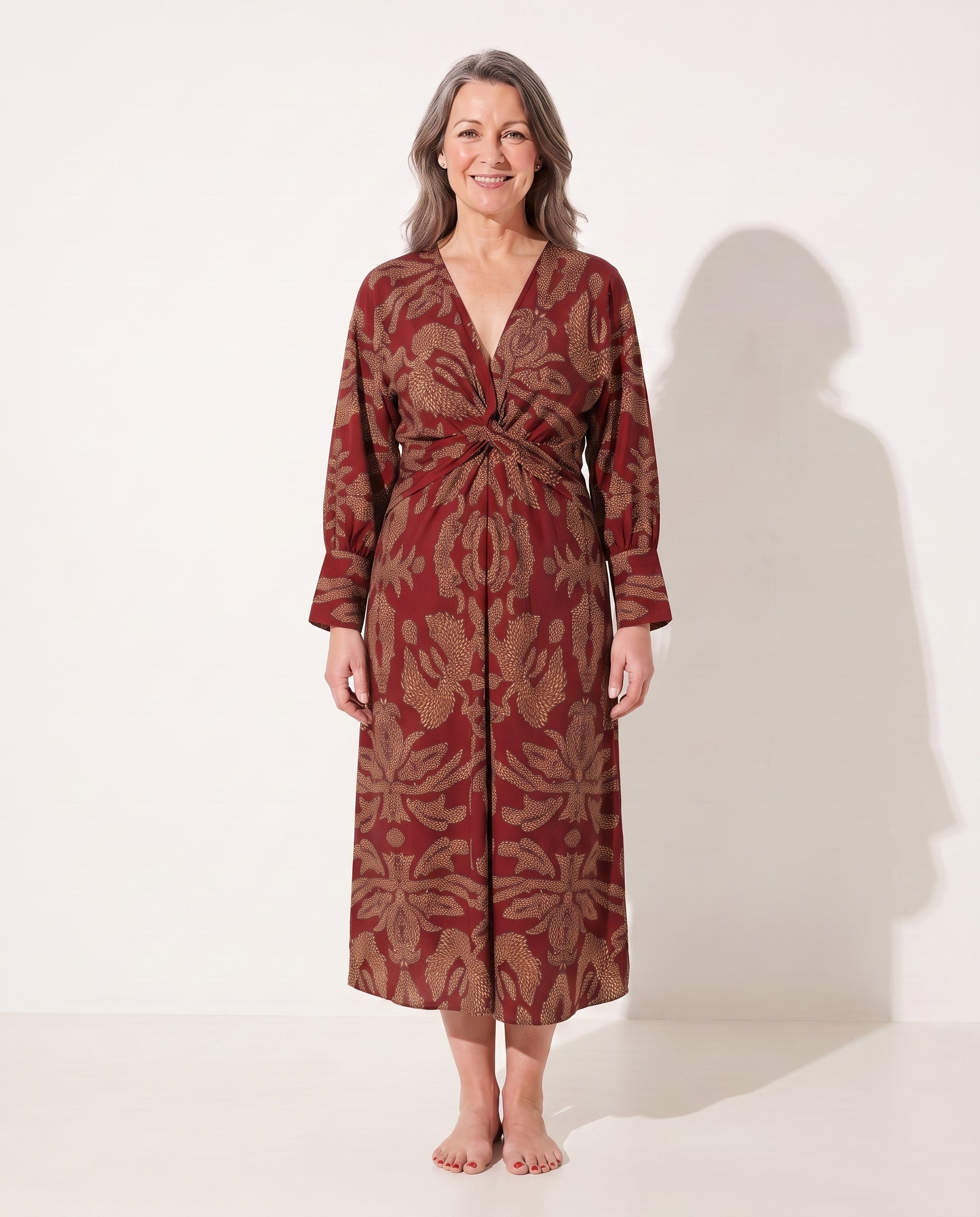 Helena | Long Sleeve Wrap Dress Midi Print Wedding Guest — Red