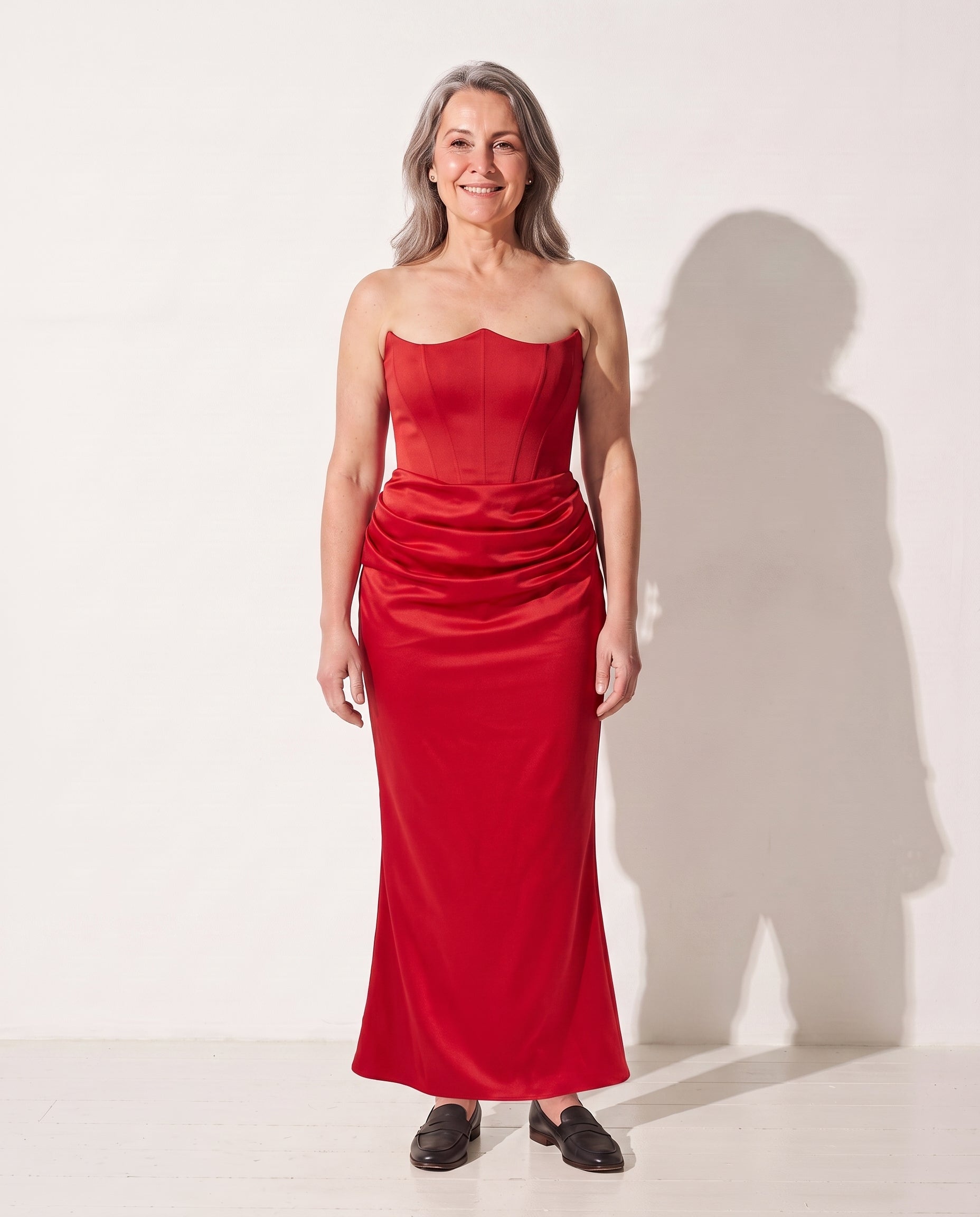 Faustine | Brown Satin Strapless Maxi Dress Evening Gown — Red